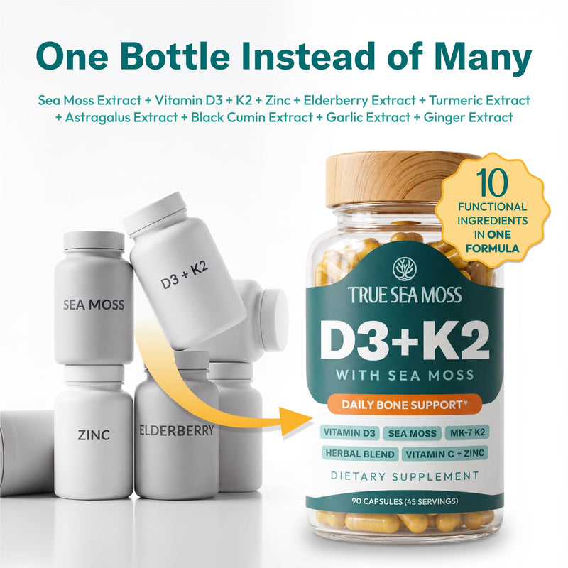 TrueSeaMoss Vitamin D3 K2 Capsules – Bone Health Support & Calcium Absorption for Men & Women – with Sea Moss, Zinc, Turmeric & Vitamin C – 90 Count, 45 Day Supply 1 Count (Pack of 90)