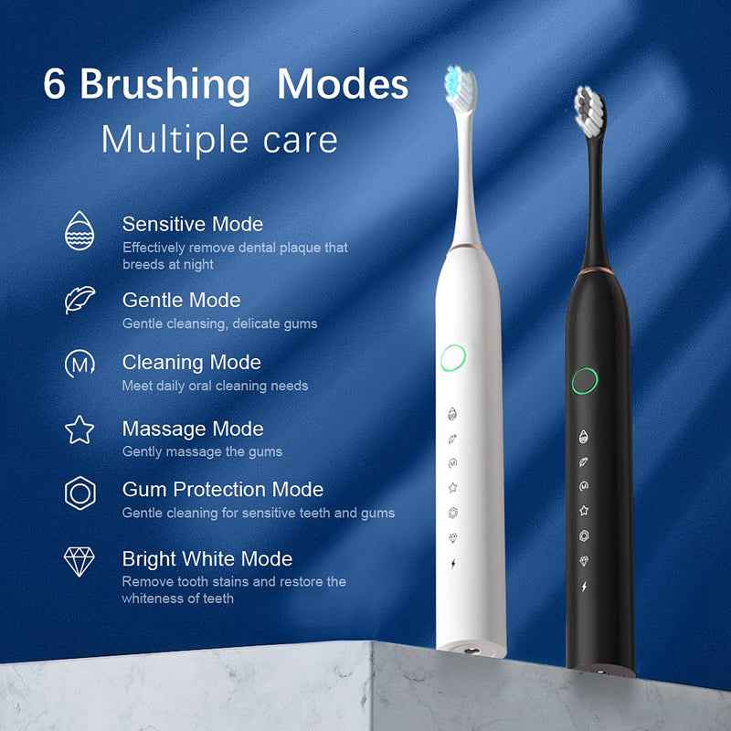 2 Pack Rechargeable Electric Toothbrushes for Adults and Kids, Whitening Tooth Brush with 8 Brush Heads, 6 Cleaning Modes and Smart Timer, Waterproof Cleaning Toothbrushes Set Black & White