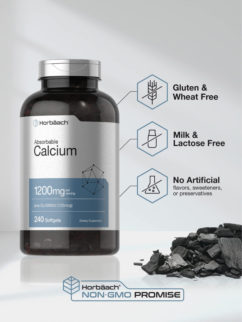 Horbäach Calcium 1200 mg with Vitamin D3 | 240 Softgels | 5000IU Vitamin D3 | Absorbable Calcium Supplement for Women and Men | Non-GMO, Gluten Free 240 Count (Pack of 1)