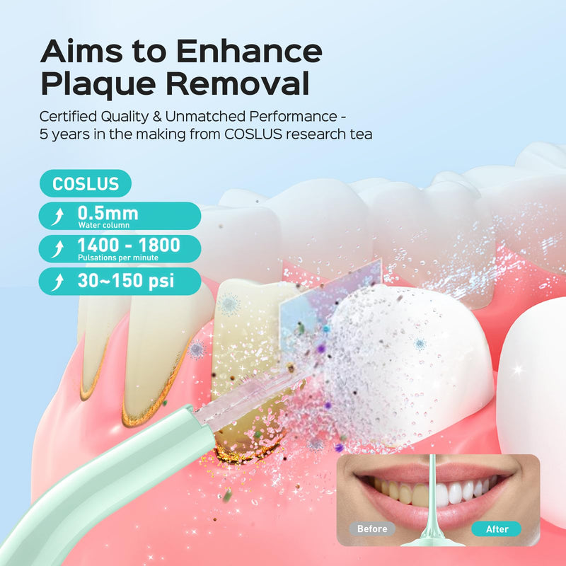 [Australia] - COSLUS Water Dental Flosser Pick for Teeth: 4 Modes Cordless Portable 300ML Larger Tank Water Teeth Cleaner IPX7 Waterproof Flossing Cleaning Picks for Home Travel Green C30(FC5360) 