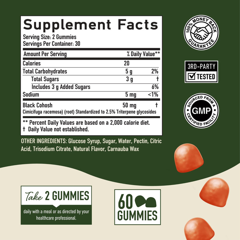 [Australia] - Black Cohosh Gummies for Women | Menopause Relief for Hot Flashes & Night Sweats | 50mg Black Cohosh Root Extract | Gluten-Free, Vegetarian, Certified Non-GMO | Natural Peach Flavor | 60 Gummies 
