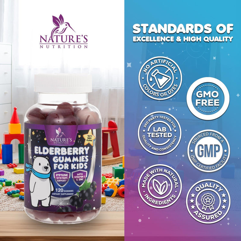 Kids Immune Support Elderberry Gummies - Daily Children's Vitamins C, Zinc & Kids Support Gummy - Nature's Sambucus Elderberry Supplement, Vegan, Gluten-Free, Tasty Berry Flavor - 120 Gummies 120 Count (Pack of 1)