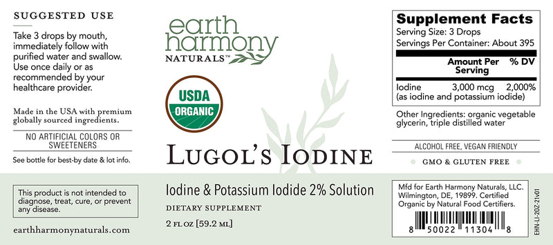 [Australia] - Organic Lugol's Iodine, Iodine and Potassium Iodide 2% Solution 3000 mcg - Liquid Supplement Drops for Thyroid Support for Women & Men, Metabolism Health, Detox Boost - Non-GMO, 395 Servings (2 Oz) Unflavored 2 Fl Oz (Pack of 1) 