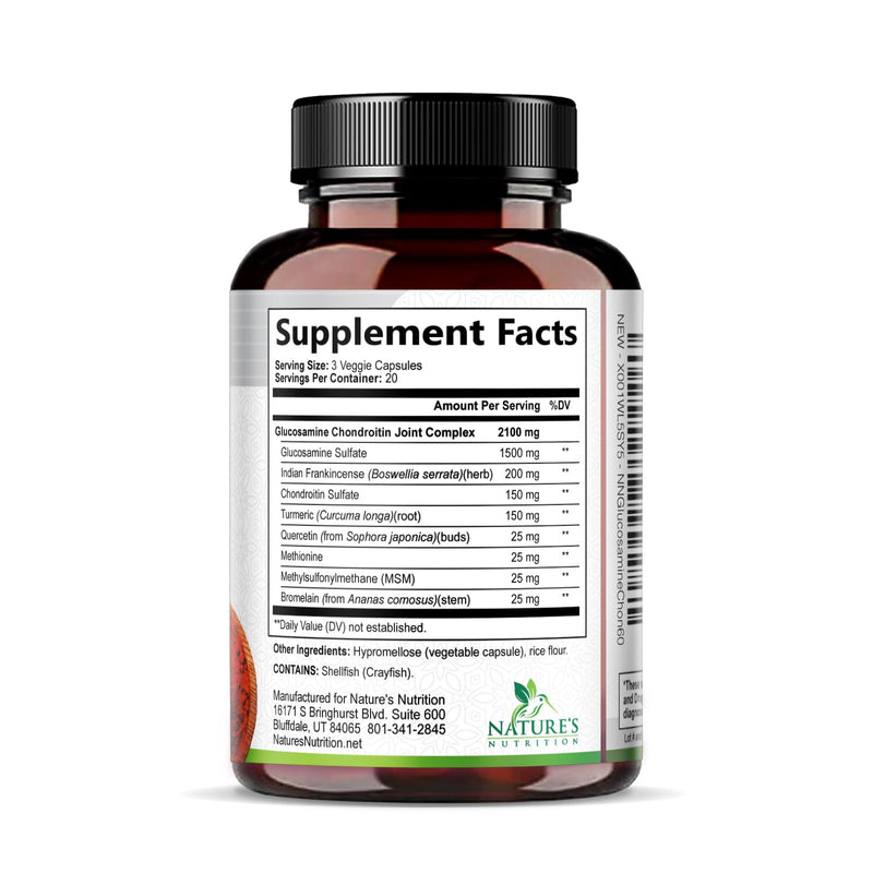 Nature's Nutrition Glucosamine Chondroitin MSM Capsules - Triple Strength Joint Health Support Supplement with Turmeric & Boswellia - Joint Flexibility Support Easy to Swallow Capsules - 60 Count 60 Count (Pack of 1)