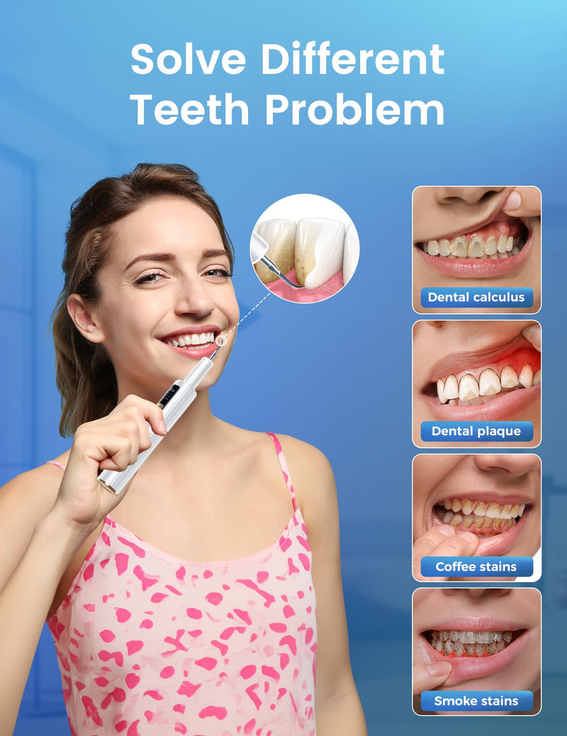 [Australia] - Plaque Remover for Teeth, Tartar Remover for Teeth with 3 Modes & Tongue Cleaner – Rechargeable Teeth Cleaning Kit with LED Light, Portable, Includes 2 Replacement Heads 