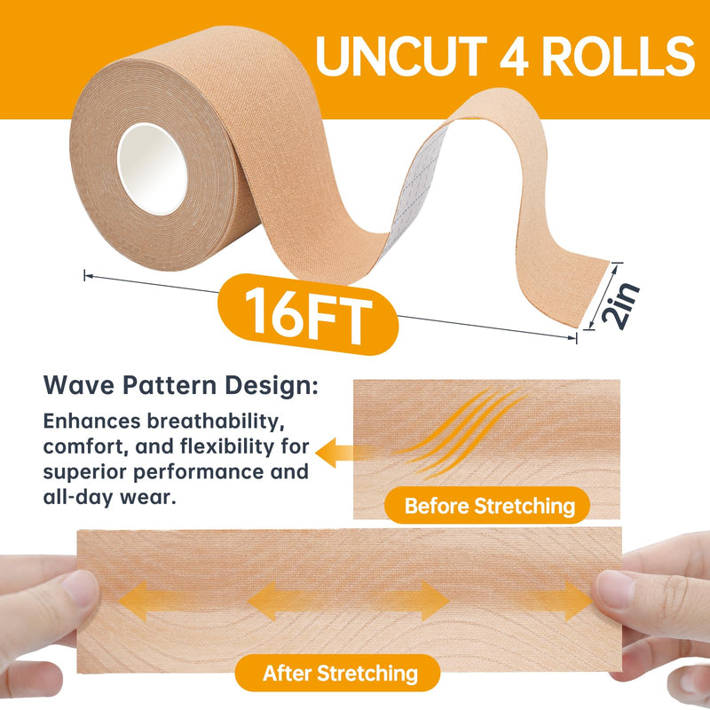 Dimora Uncut Kinesiology Tape, Original Cotton, 16' Elastic Athletic Tape for Muscle Pain Relief and Joint Support, 4 Rolls, Beige Uncut 4 Rolls