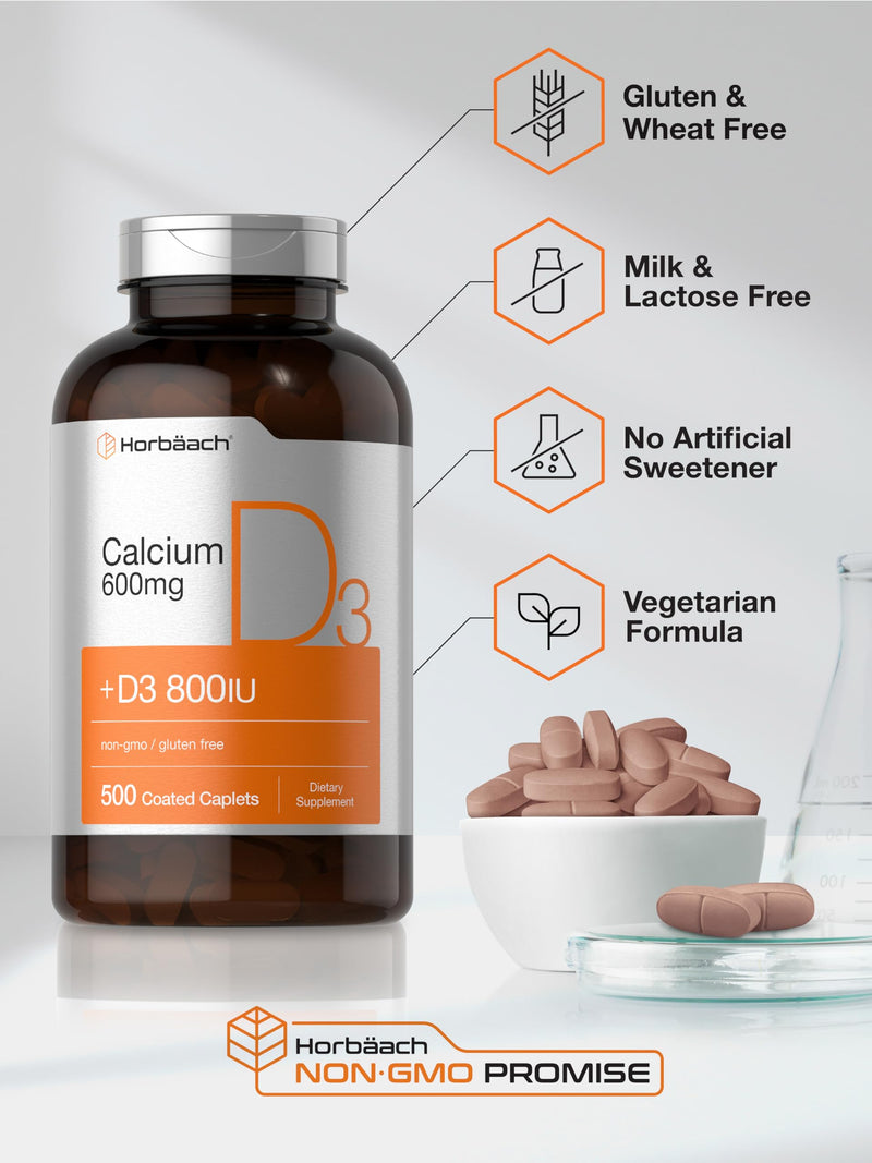 Horbaach Calcium 600 mg with Vitamin D3 | 500 Coated Caplets | For Women and Men | Non-GMO & Gluten Free Supplement