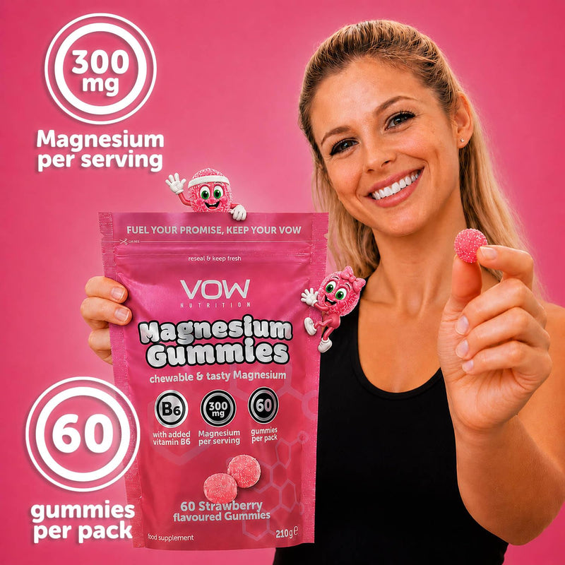 VOW Nutrition Magnesium Citrate Gummies, 300mg with Vitamin B6, Energy & Muscle Support, 60 Gummies, Tropical & Strawberry Flavours (Strawberry)