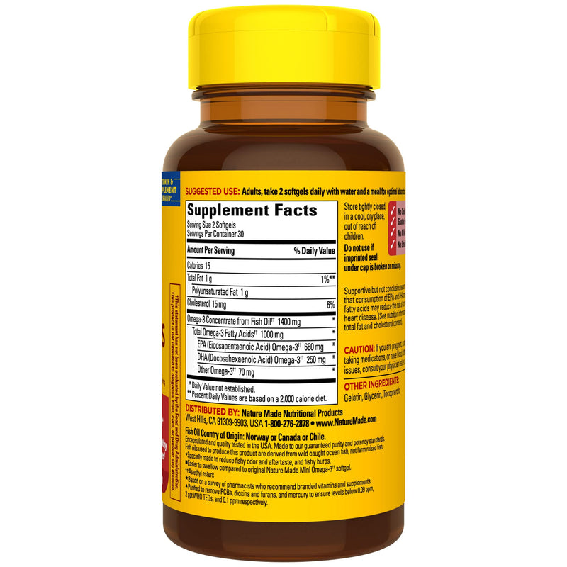 [Australia] - Nature Made Extra Strength Burp Less Omega 3 Fish Oil 1400 mg Minis, Fish Oil Supplements as Ethyl Esters for Healthy Heart, Brain and Eyes Support, Omega 3 Supplement, 60 Softgels, 30 Day Supply Lemon 60 Count (Pack of 1) 