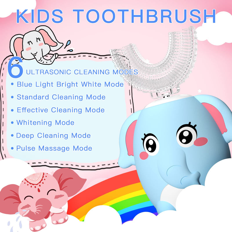 [Australia] - Kids Electric U Shaped Toothbrush Children Rechargeable Sonic Toothbrush with 4 Brush Heads Full Mouth 6 Cleaning Modes - (Age 2-7 Blue) Blue Elephant（Ages 2-7） 