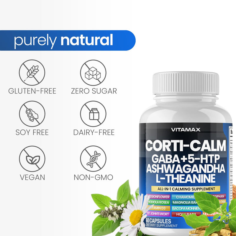 Corti-Calm Cortisol Supplement, L Theanine, Ashwagandha, Vitamin D 3, GABA for Relaxation, Fatigue & Focus with Ginkgo Biloba, Bacopa Monnieri, 5-HTP – Non-GMO, Made in USA – 60ct
