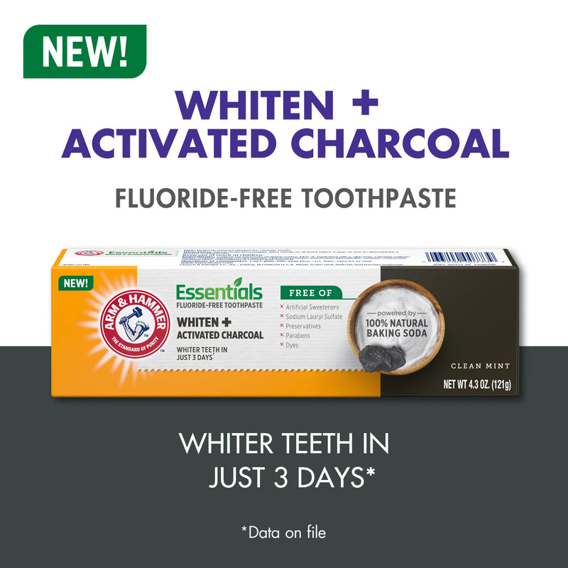 ARM & HAMMER Essentials Fluoride-Free Toothpaste, Whitening + Activated Charcoal Toothpaste, 4 Pack of 4.3oz Tubes, Clean Mint, 100% Natural Baking Soda 4.3 Ounce (Pack of 4)