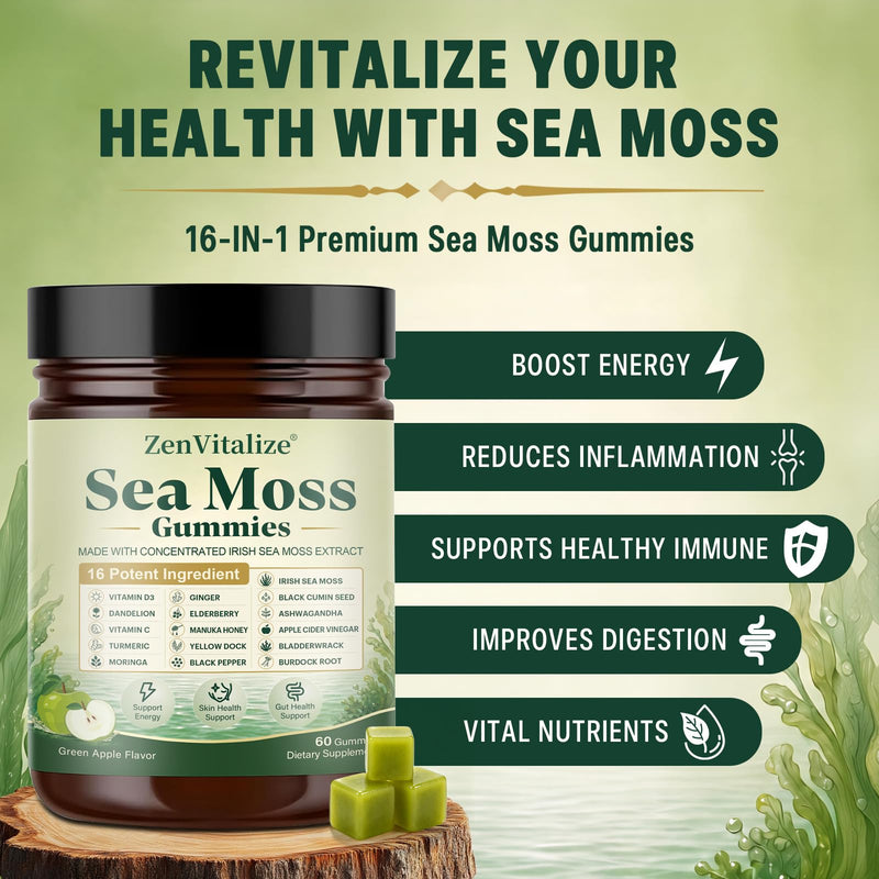 Sea Moss Gummies 16-in-1, Irish Sea Moss Supplement for Women & Men with Black Seed Oil, Ashwagandha, Bladderwrack, Burdock Root, Elderberry, Vitamins C & D3, 60 Count