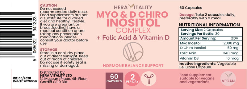 Inositol Capsules for Women – Myo & D-Chiro Inositol Complex for PCOS & Hormone Balance | 2 Pack of 60 Capsules - 2 Month Supply with Folic Acid & Vitamin D3