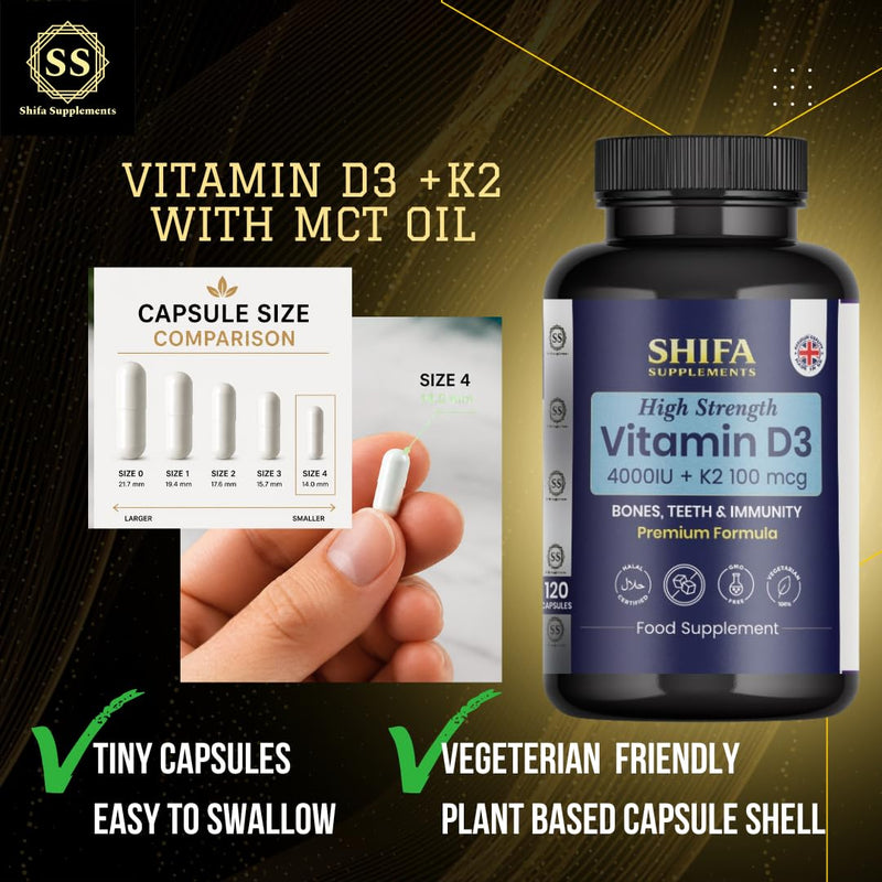 Vitamin D3 4000 IU + K2 100mcg with MCT Oil | 120 Tiny Capsules, Pure Formula, Excipient & Filler Free | Halal Certified, Vegetarian, Non GMO | Bones, Teeth & Immunity