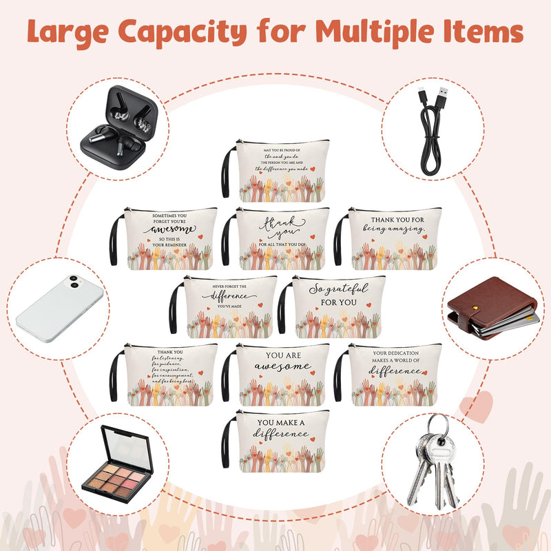 30 Pcs Appreciation Gifts Bulk for Women Teacher 10 Styles Inspirational Canvas Makeup Bags Thank You Cosmetic Bags for Women Coworker Employee Staff 30