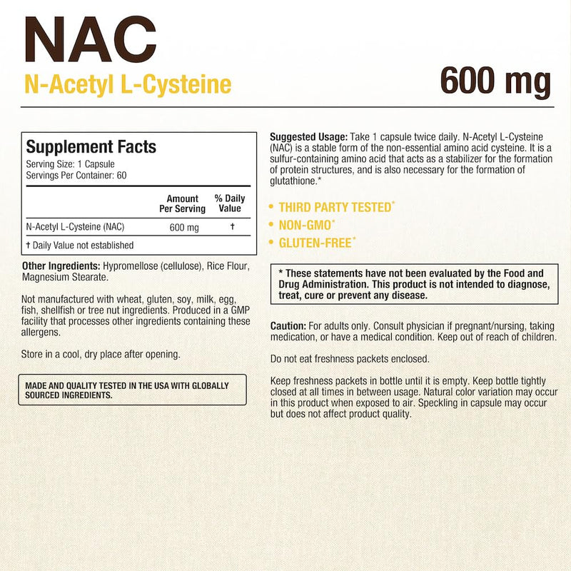 [Australia] - Puregen Labs N-Acetyl-L-Cysteine (NAC) 600mg, Supports immune, respiratory, liver health, NAC 600 mg, potent antioxidant support, free-radicals, easy to absorb - 60 Vegetarian Capsules 1 