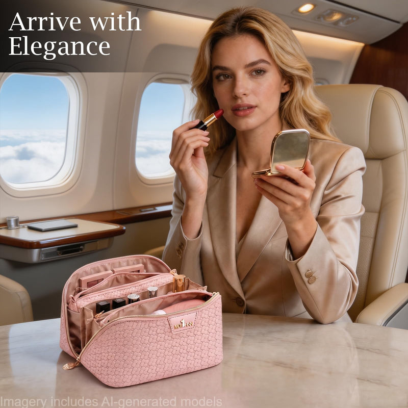 Travel Makeup Bag for Women: 3 Pcs Set Vagen Leather Make up Bag Hand-made | Large Capacity Toiletry Organizer Bag - Waterproof Ladies Travel Flat Open Essentials for Luxury (01Pink) 01Pink Travel Makeup Bag