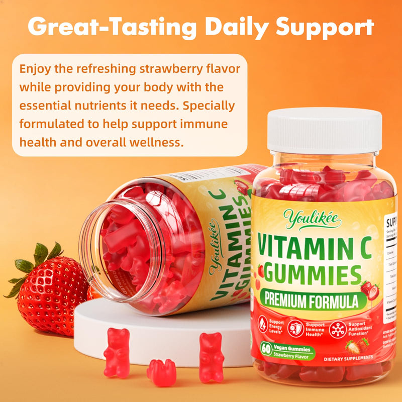 Vitamin C Gummies for Adults, Immune Support Supplement for Energy, 60 Ct | Antioxidant Protection, Non-GMO, Vegan, Sugar-Free, Strawberry Flavor 60 Count (Pack of 1)