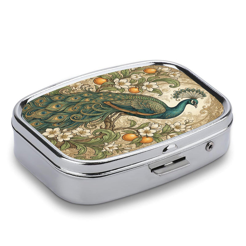 Metal 2 Compartment Pill Organizer Travel Friendly Portable Compact Pill Box Cute Pill Case,for Pocket Wallets Daily Portable Medicine Vitamin Tablet Storage (Beautiful Peacocks) Beautiful Peacocks