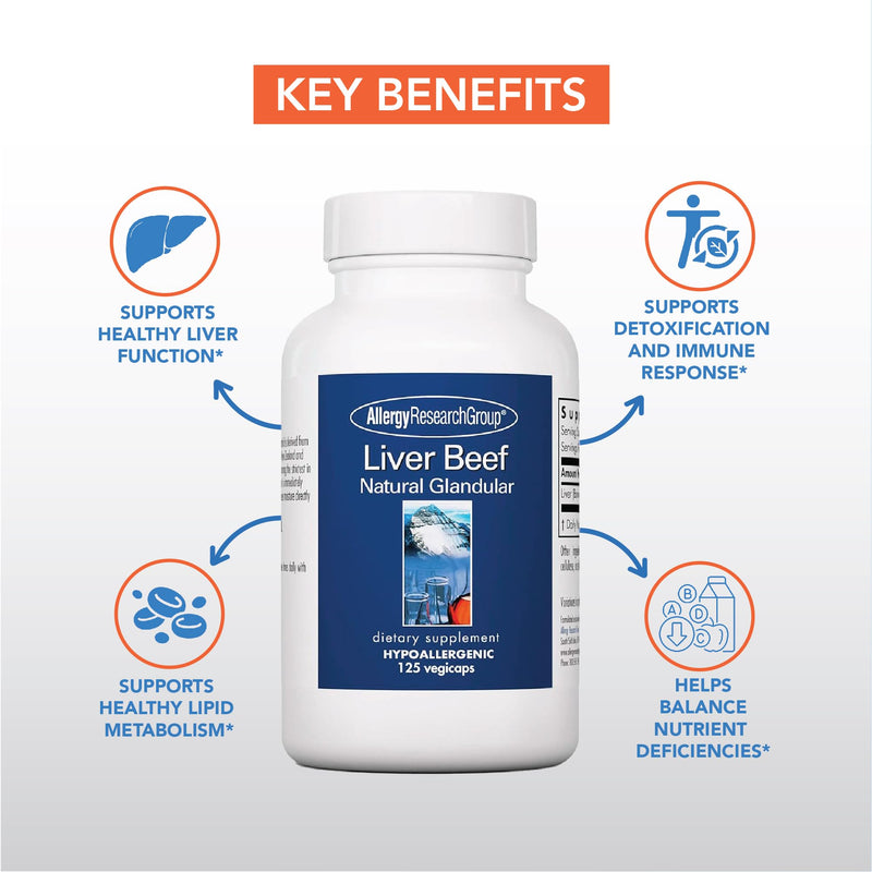 [Australia] - Allergy Research Group Beef Liver Supplement - Beef Liver Capsules 1000mg, Liver Function Support, Natural Glandular, Beef Liver Vitamins, 125 Count 