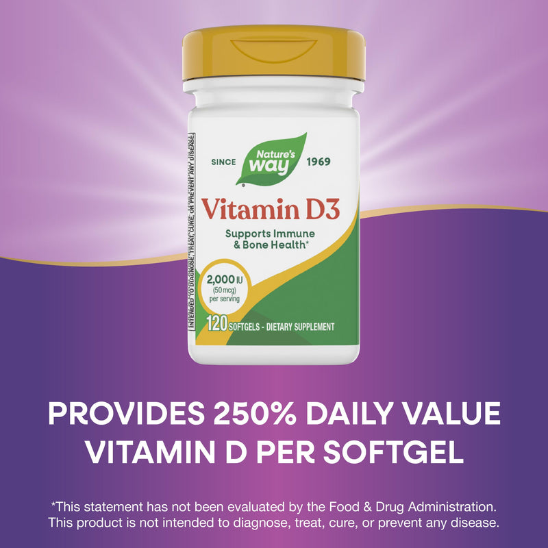 Nature's Way Vitamin D3 Softgels, Supports Immune and Bone Health*, 120 ct | 2,000 IU (50 mcg per Serving), Promotes Calcium Absorption for Healthy Bones & Teeth*, Promotes Proper Immune Function* 73120 Count (Pack of 1) 120 Count (Pack of 1)