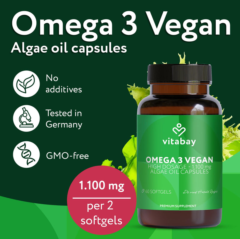 Vitabay Omega-3 Vegan 60 Capsules – 1100 mg Algae Oil with Vitamin E – DHA 600 mg & EPA 300 mg – High Strength – Laboratory Tested in Germany – No Additives – Natural Quality 60 count (Pack of 1)