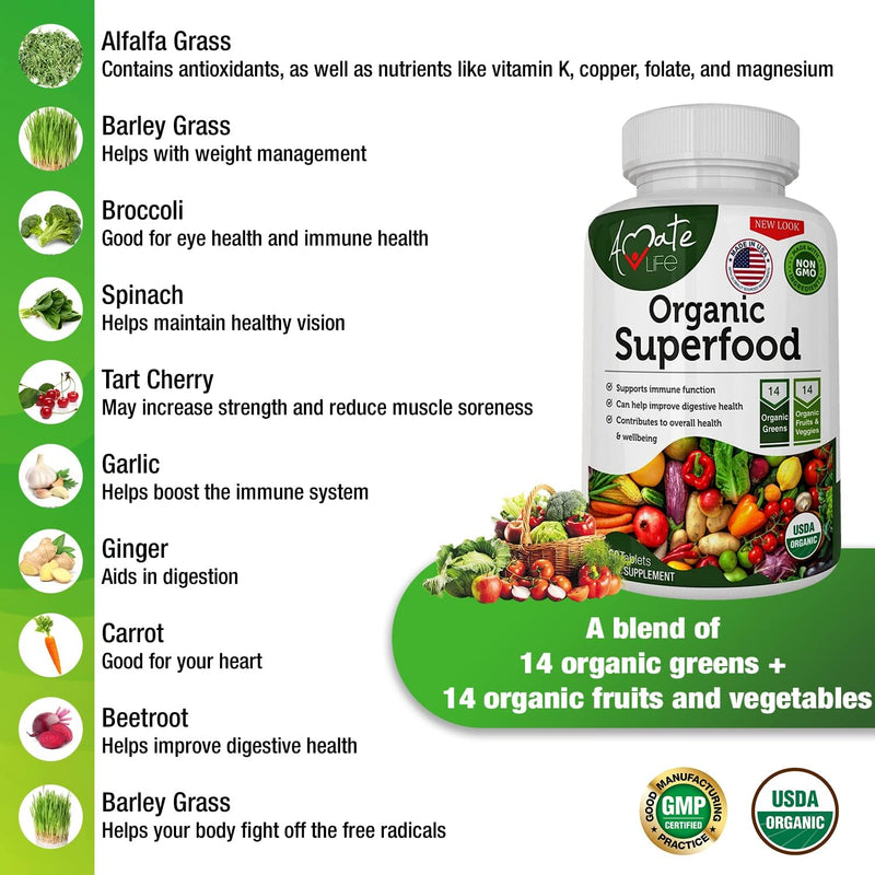 [Australia] - Organic Superfood Greens Fruits and Veggies Complex - Best Dietary Supplement with 14 Greens &14 Fruits & Vegetables with Alfalfa Rich in Antioxidants Organic Ingredients Non-GMO (180 Count Pack of 3) 180 Count (Pack of 3) 