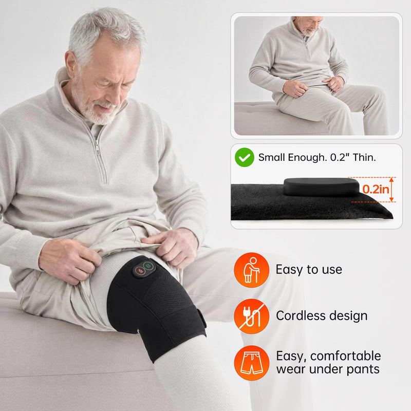 Knee Massager, Cordless Knee Heating Pad for Knee Pain Relief, Heated Knee Brace with Heat and Vibration Massage 30 Minutes Auto-off, Gifts for Seniors Women Men(Single)