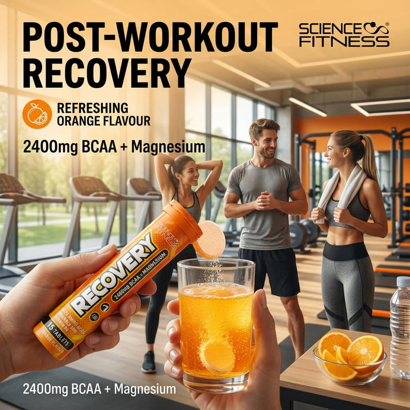 Recovery Effervescent- Orange Flavour | BCAA 2400mg with B6 and Magnesium| 6x15 Tablets| Science Fitness 15 count (Pack of 6)