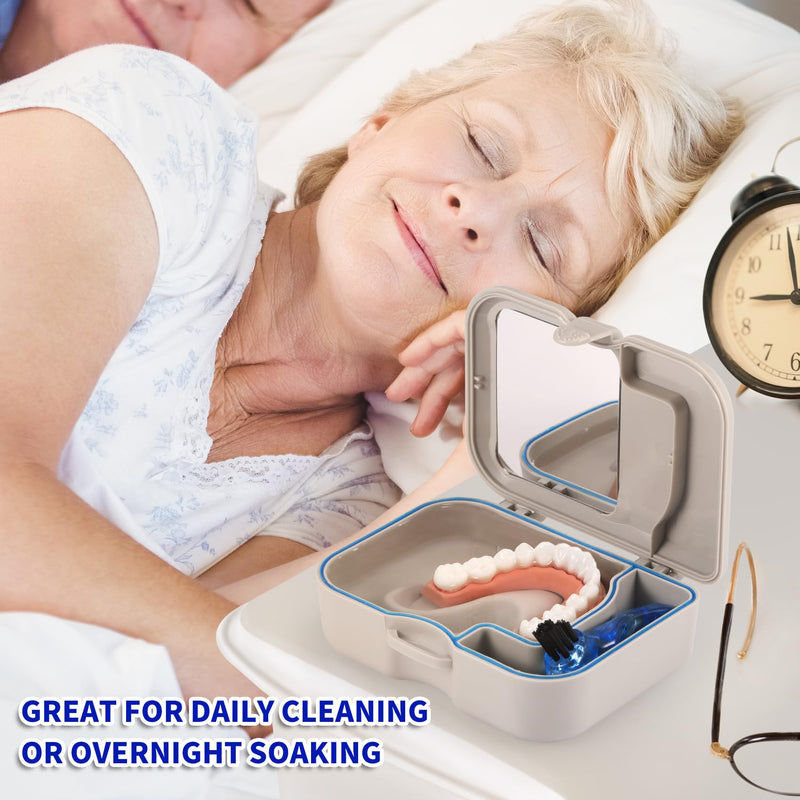 [Australia] - Annhua Denture Cup Bath Box Case with Mirror and Cleaning Brush, Denture Container with Brush Retainer Cleaning Case Mouth Guard Storage Soaking Cup Holder for Travel, Office, Household Use 