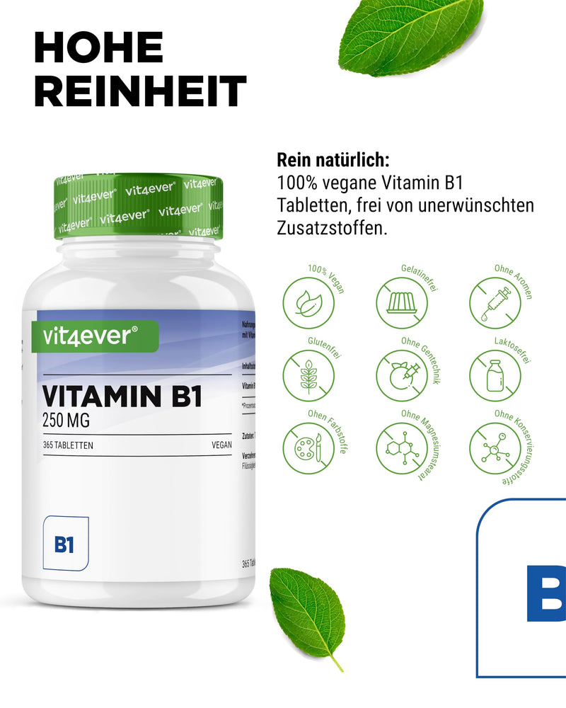 [Australia] - Vitamin B1 (Thiamine) - 250 mg - 365 tablets - Premium: Thiamine Hydrochloride - High bioavailability - 12 month supply - No unwanted additives - Vegan 