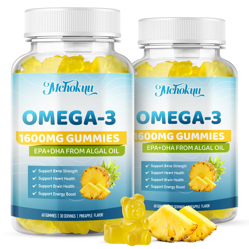Vegan Omega-3 Gummies 1600mg EPA & DHA from Algal Oil, Fish Oil Alternative for Adults & Kids, Omega 3 Supplement with Vitamin D3 K2 for Brain, Eye & Immune Health Sugar Free Pineapple, 60 Count 60 Count (Pack of 1)