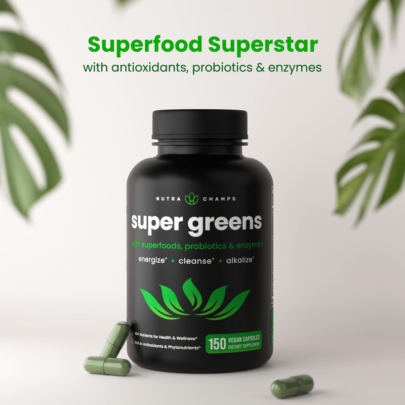 [Australia] - NutraChamps Organic Super Greens Capsules - Alfalfa, Spirulina, Chlorella & More - Antioxidant, Digestive Enzyme & Probiotic Blends - 150 Green Superfood Capsules 