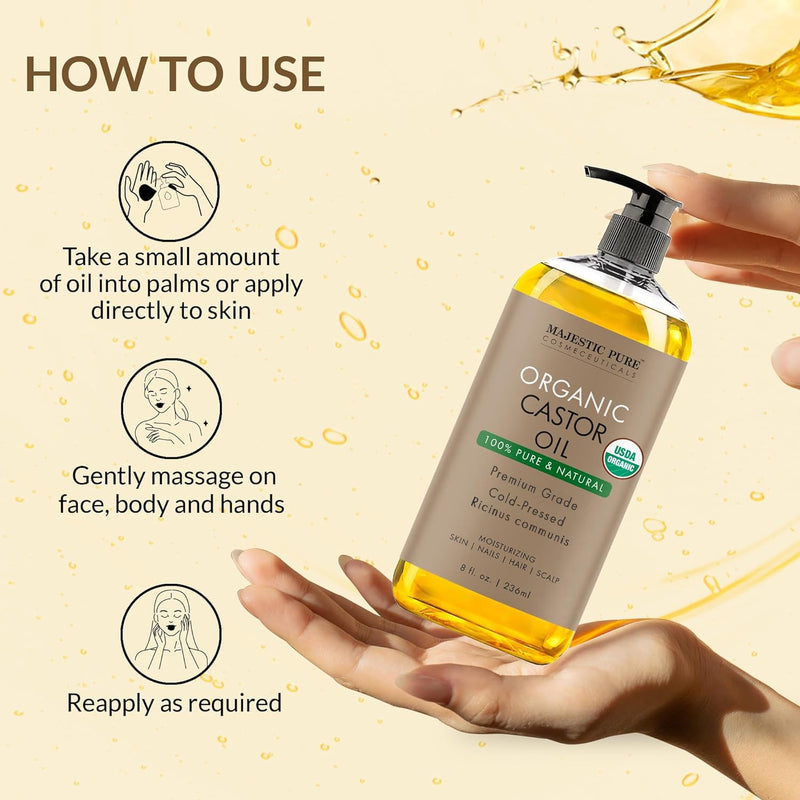 [Australia] - MAJESTIC PURE USDA Organic Castor Oil | Hexane Free & 100% Pure | Cold Pressed | Stimulate Growth for Hair, Eyelashes, Eyebrows, Nails | Body, Hair & Carrier Oil | 8oz 8 Fl Oz (Pack of 1) Castor Usda 