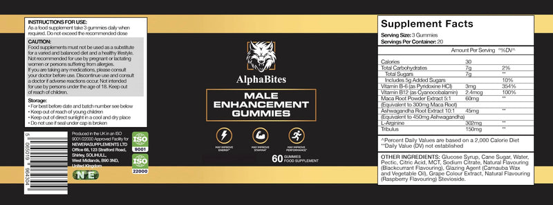 Alpha Bites Male Performance Gummies, 60 Count, Food Supplement optimised for Men