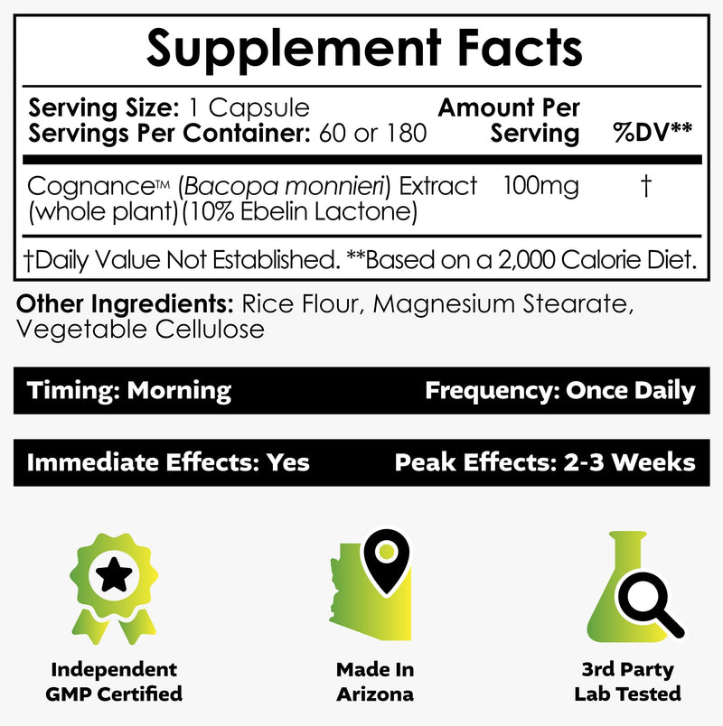 [Australia] - Nootropics Depot Cognance Enhanced Bacopa Capsules | 100mg | 10% Ebelin Lactone | Bacopa monnieri | Mood, Memory, & 5-HT2A Activation, 60 Count (Pack of 1) 60 Count (Pack of 1) 