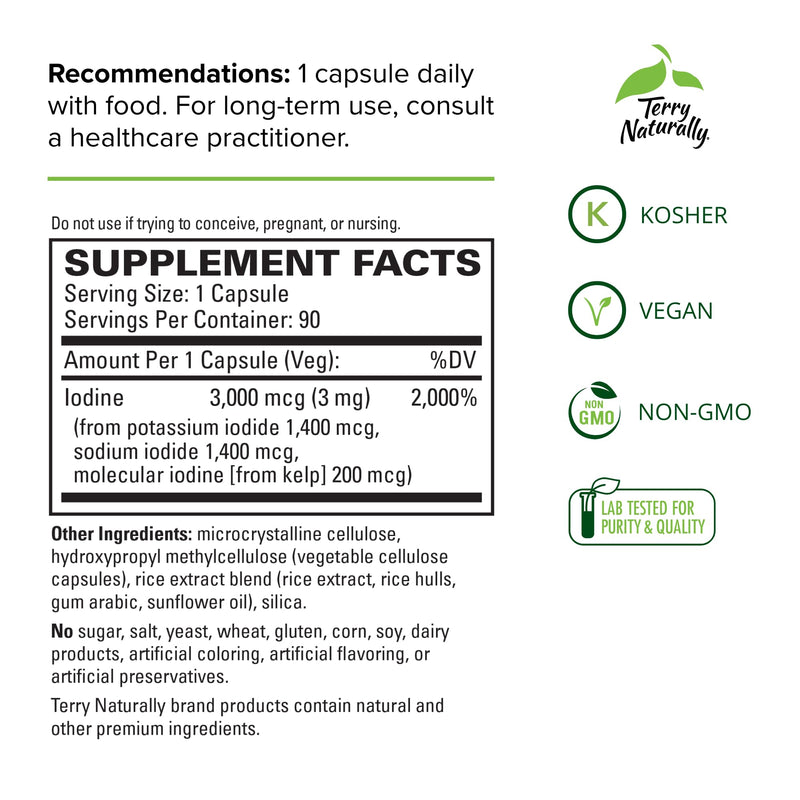 [Australia] - Terry Naturally Tri-Iodine 3 mg - 90 Capsules - Supports Strong Cellular Defense & Hormone Balance - Non-GMO, Vegan, Kosher, Gluten Free - 90 Servings 