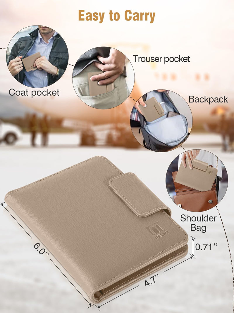 Miroddi Passport Holder Works with Apple Find My, 8-Slot Card Wallet | Travel Essentials, Wireless Charging, RFID Blocking, Leather Passport Wallet for for Men and Women with Tracker, Khaki