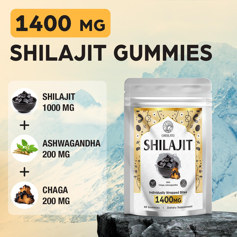 [Australia] - 1400 MG Shilajit Gummies, Shilajit Pure Himalayan Organic Gummies with Ashwagandha, Himalayan shilajit for Men, 85+ Trace Minerals & Fulvic Acid, Individually Wrapped, Sugar-Free, 60 Counts 60 Count (Pack of 1) 