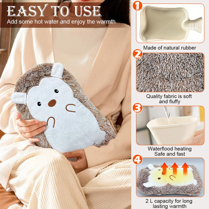 [Australia] - Hot water bottle with cover 2 liters, hot water bottles animal large, hot water bottle for children hedgehog, hot water bottle with cuddly fluffy faux fur cover, hand warmer silicone soft for keeping hands, feet, body warm 