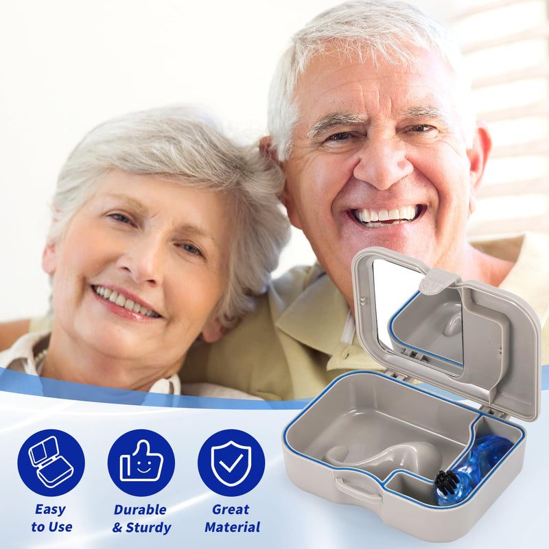 [Australia] - Annhua Denture Cup Bath Box Case with Mirror and Cleaning Brush, Denture Container with Brush Retainer Cleaning Case Mouth Guard Storage Soaking Cup Holder for Travel, Office, Household Use 