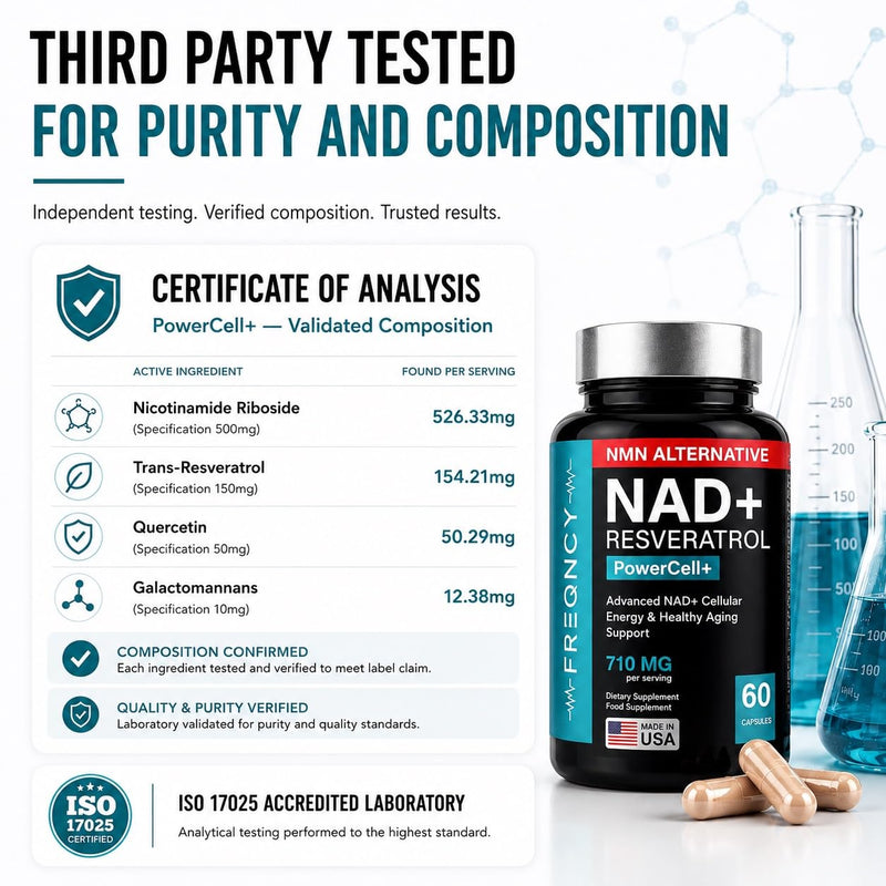 FREQNCY NAD+ Resveratrol Supplement, 500mg Pure Nicotinamide Riboside (NR), Advanced 4-in-1 NAD Formula for Anti-Aging & Cellular Energy | NAD, NADH & NMN Alternative | 60 Capsules | For Men and Women