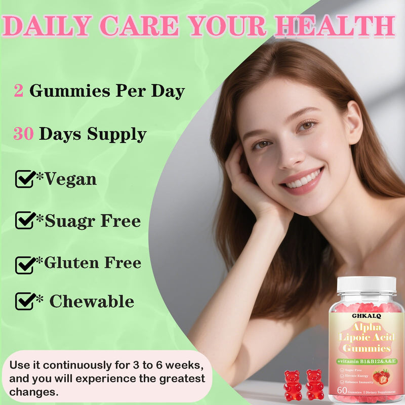 Alpha Lipoic Acid Gummies 1000Mg with Vitamin B1,B12&A,E,Provide Energy | Enhance Immunity,Liposomal High Absorption,Sugar Free,Strawberry Flavor,60 Gummies