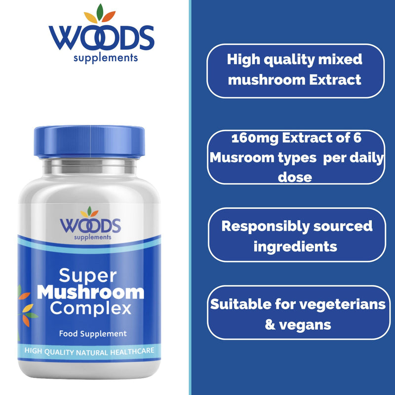 Woods Supplements - Super Mushroom Complex 60x Vegan Capsules of High Strength Lions Mane, Maitake, Reishi, Shiitake, Cordyceps & Chaga MushroomExtract Supplement 60