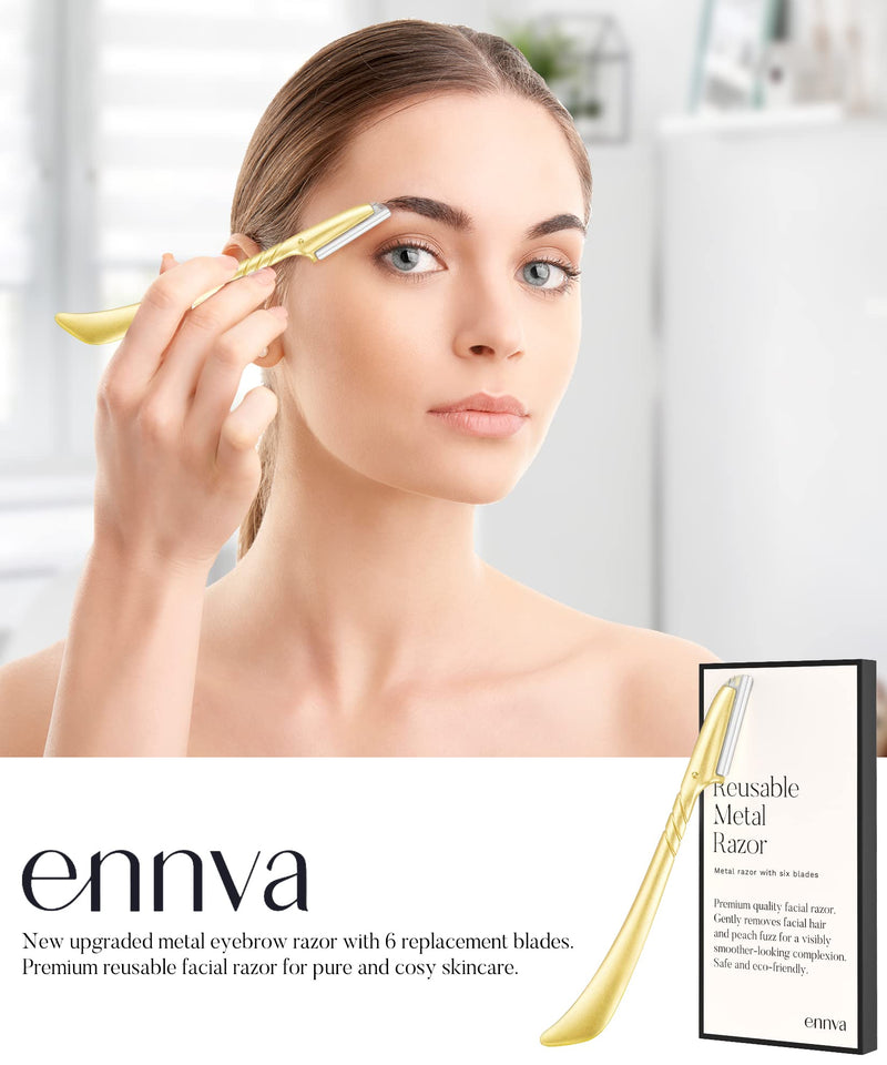 [Australia] - ennva Eyebrow Razor for Women - Eyebrow Trimmer Dermaplaning Tool- Ergonomic Eyebrow Shaper and Facial Razor for Peach Fuzz-Exfoliating Face Razor for Eyebrows-Eye Brow Shaver Razors w/ 7 Blades- Gold 