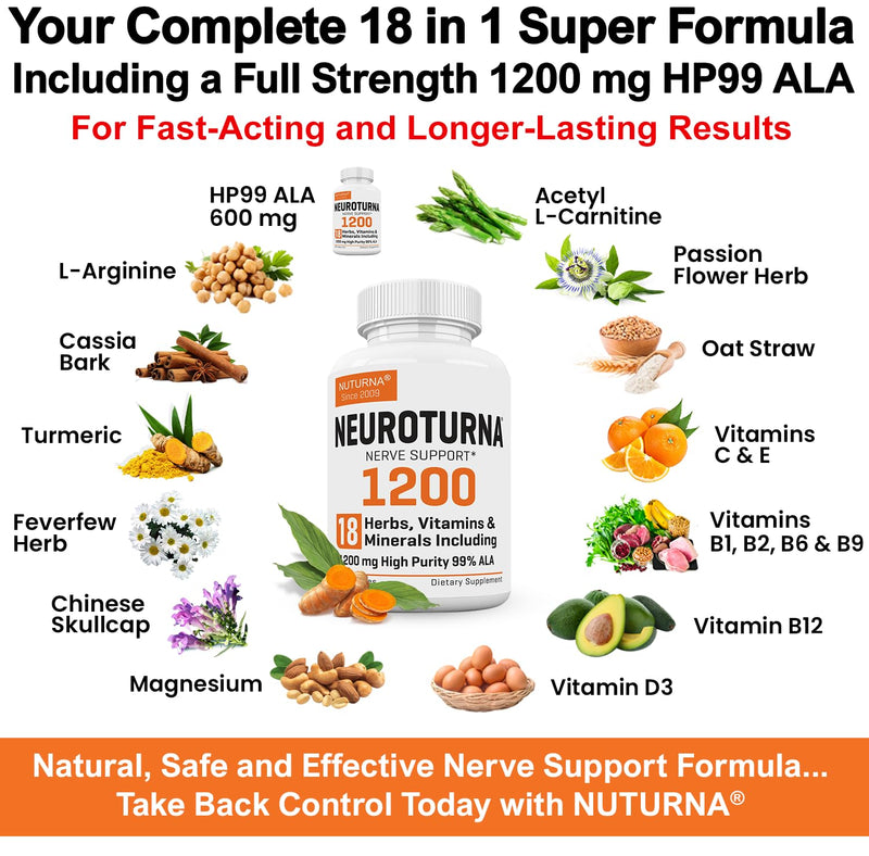 Neuropathy Support Supplement with 1200 mg HP-99 Alpha Lipoic Acid - Max Strength ALA Nerve Formula for Feet Hands Fingers Legs - Ultra Potent 18 in 1 Natural Nerve Vitamins - 180 Capsules 180 Count (Pack of 1)