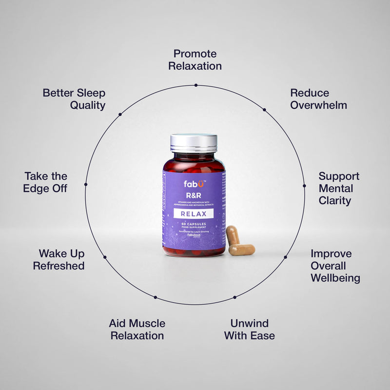 fabÜ R&R Relax - Supplement with Ashwagandha Capsules & Magnesium for Relaxation - Botanical Blend with B Vitamins, Lemon Balm & Chamomile for Stress Relief & Sleep Support - 60 Capsules