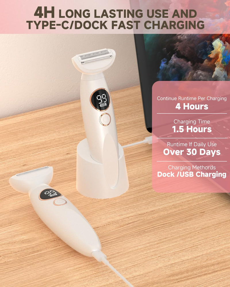 [Australia] - Bikini Trimmer for Women, Rechargeable 4H Use Electric Razors for Women with LED Display Painless 5 in 1 Facial Nose Pubic Hair Removal IPX7 Waterproof Body Shaver for Leg Armpit Eyebrows Femal Gift 