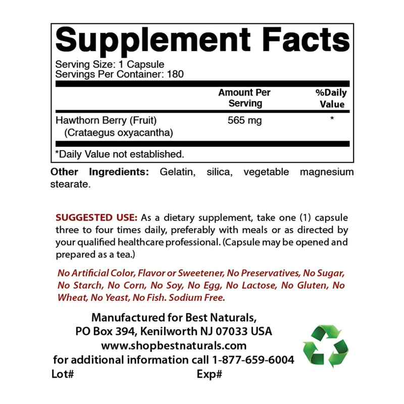 [Australia] - Best Naturals Hawthorn Berry 565 mg 180 Capsules (180 Count (Pack of 1)) 180 Count (Pack of 1) 